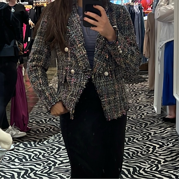 EUC Fore Multicolored Raw Fringe double breasted tweed Blazer size Large - Picture 1 of 6
